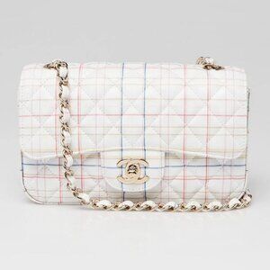 Chanel White Multicolor Quilted Leather Plaid Printed Single Flap Bag